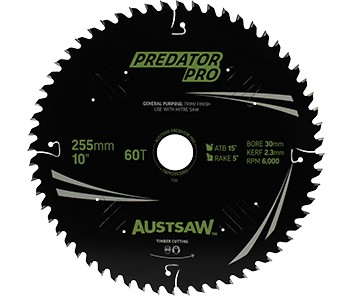 AUSTSAW TIMBER BLADE 255MM X 30 BORE X 60 T THIN KERF 
